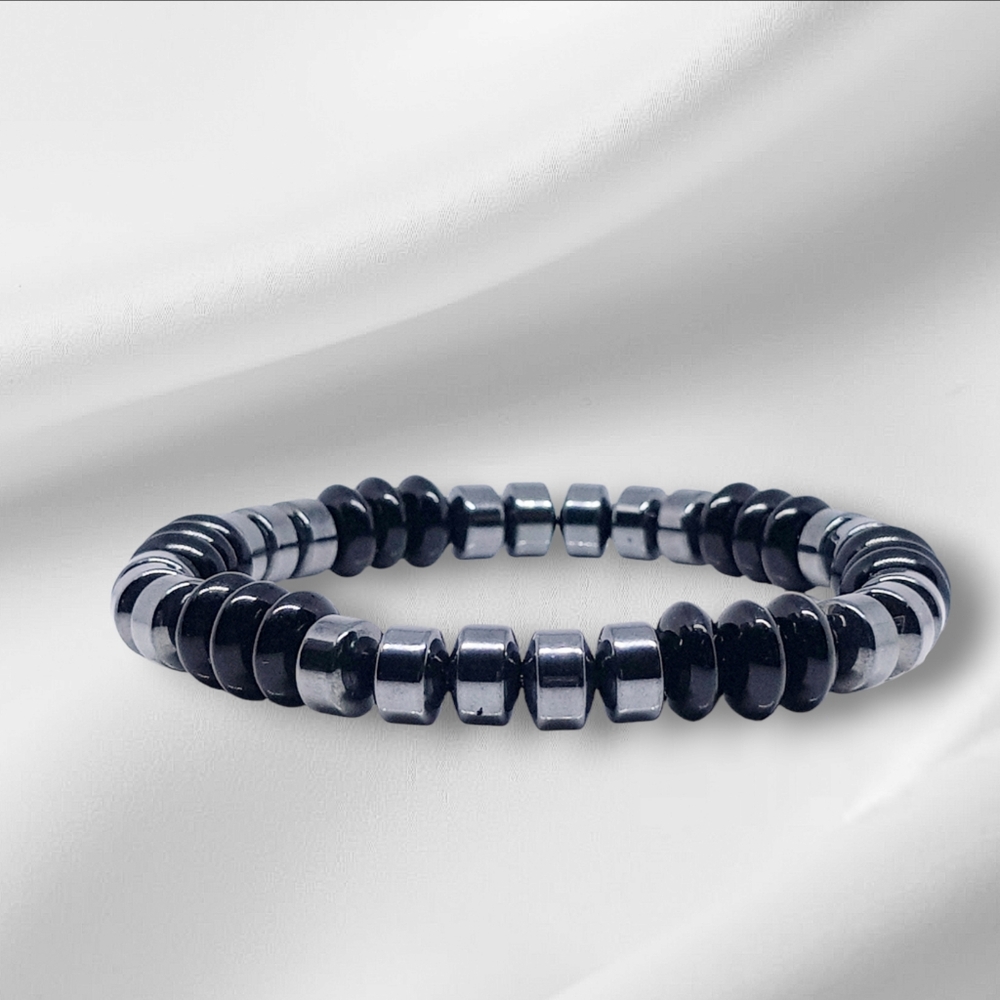 Hematite Beads/Black Glass Beaded Bracelet